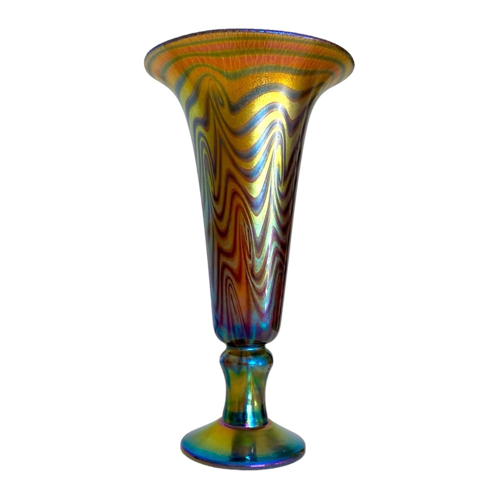 🚫SOLD🚫 Lundberg Studios • 9” Footed Rainbow Trumpet Vase Signed - Picture 2 of 7